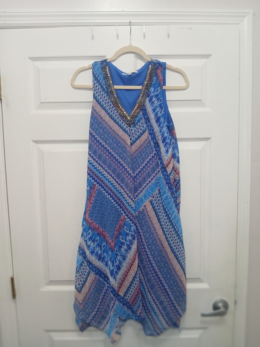 Sandra Darren Blue Patterned Beaded V-Neck Maxi Dress